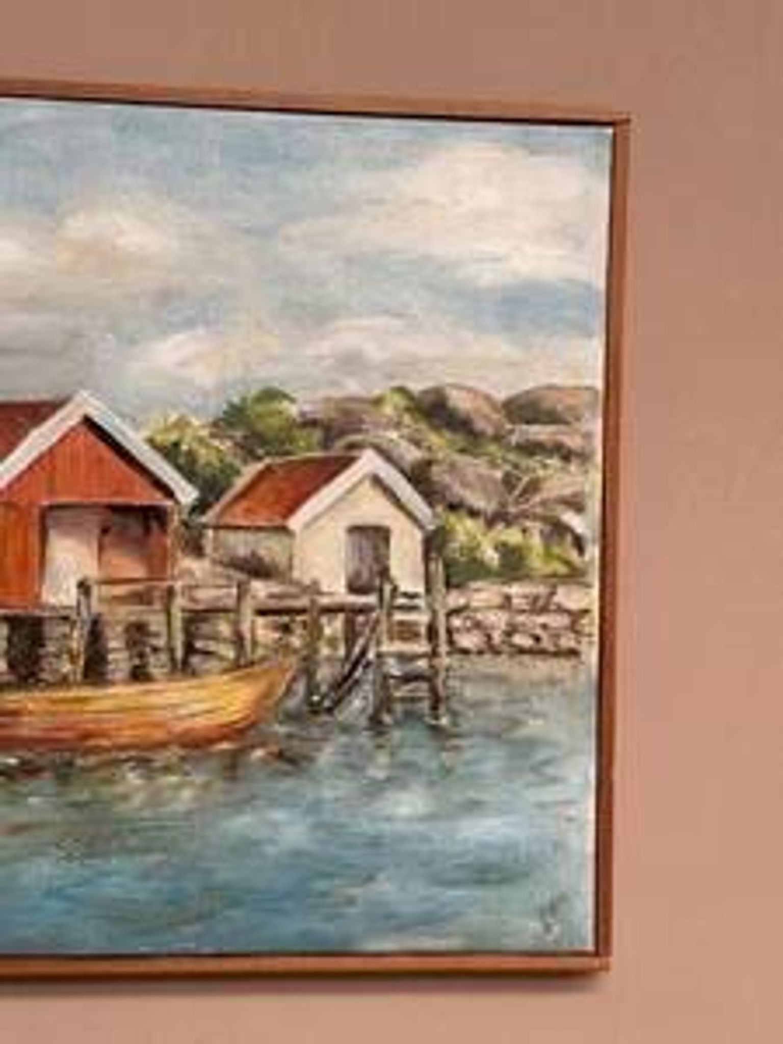 Mid-Century Oil on Canvas “houses with Boat” by Unknown, Vintage & Framed