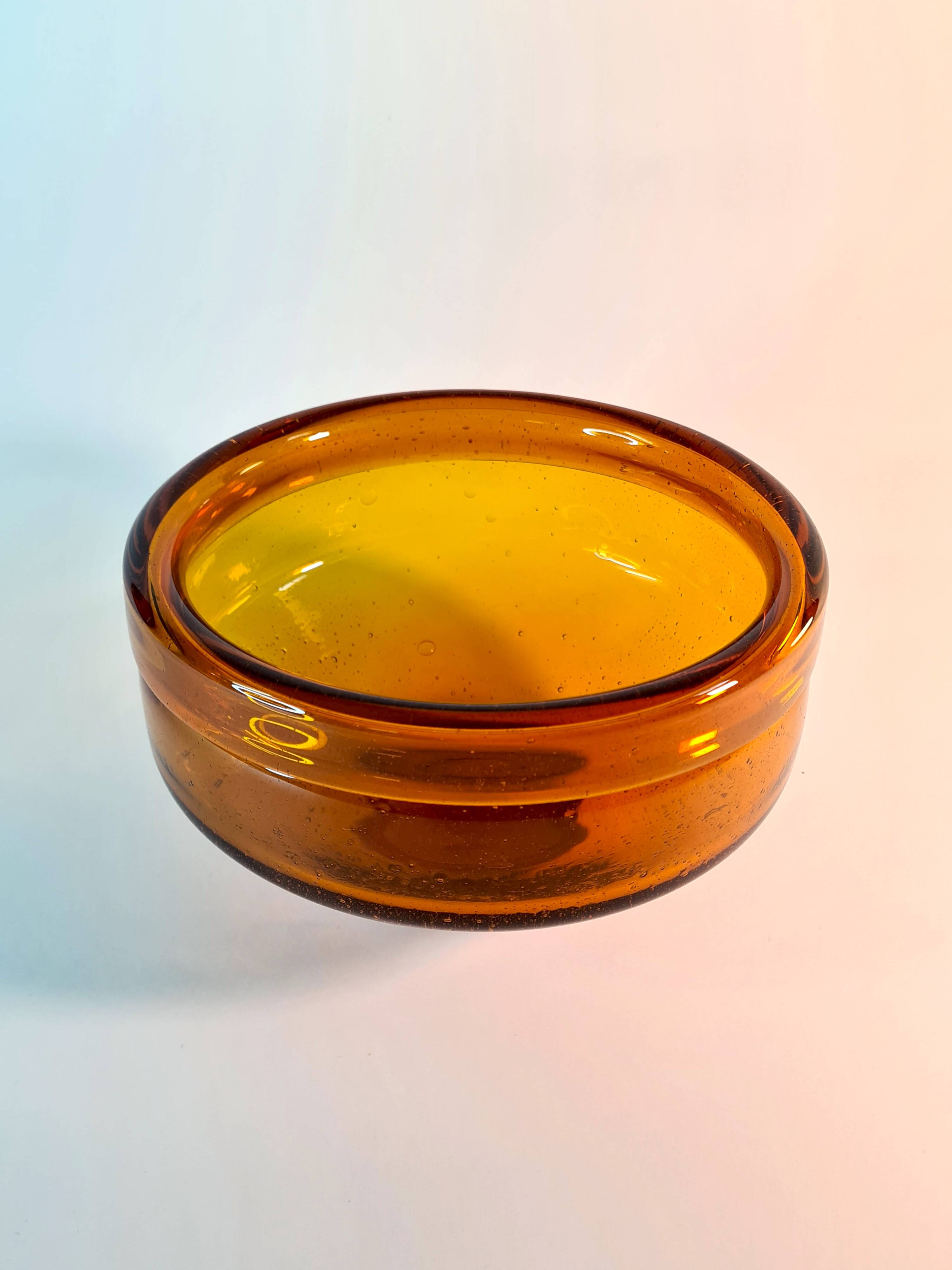 Vintage amber blown glass bowl - decorative bubbles