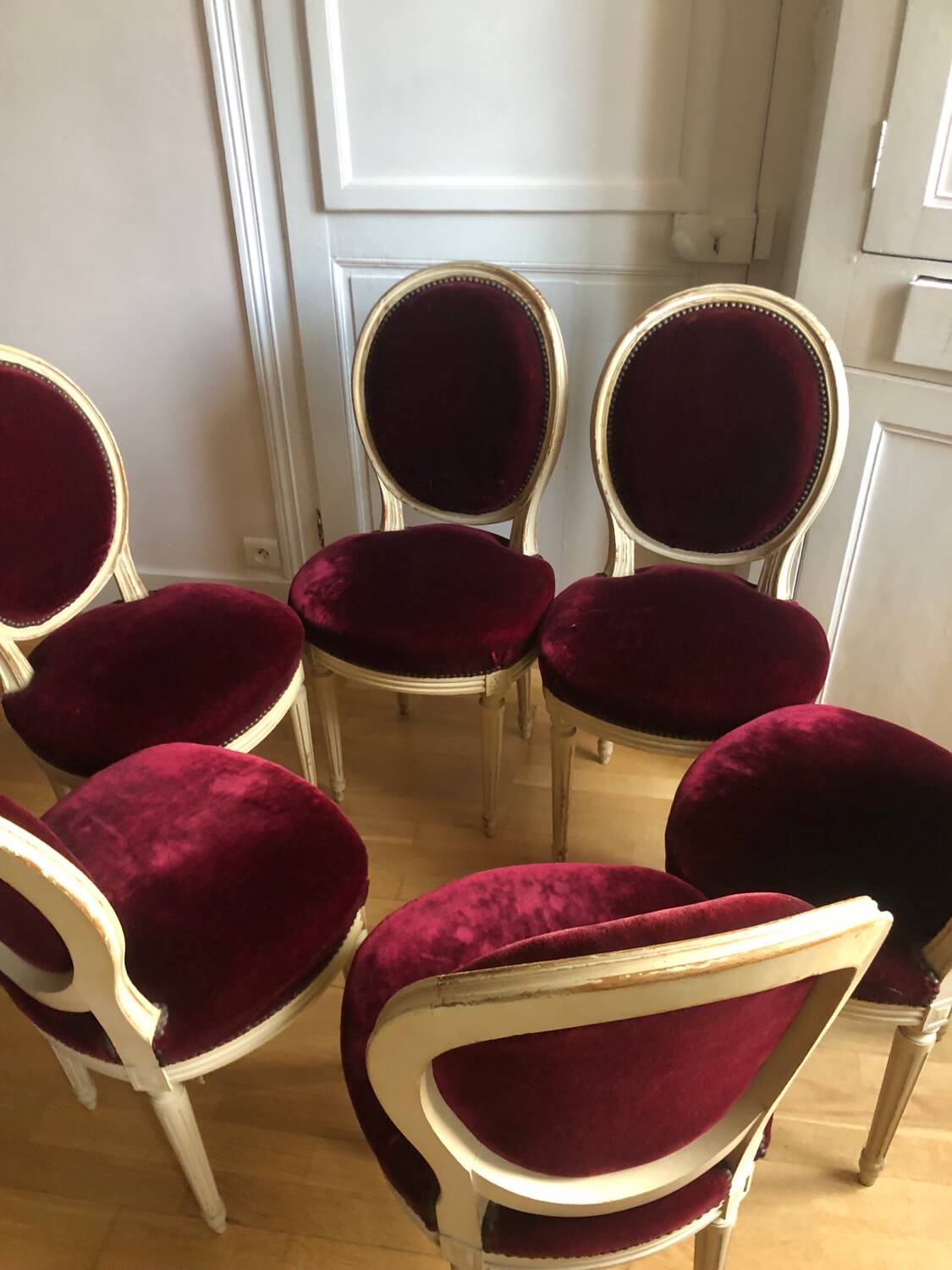 Lot of six Louis XVI chairs purple velvet patinated wood