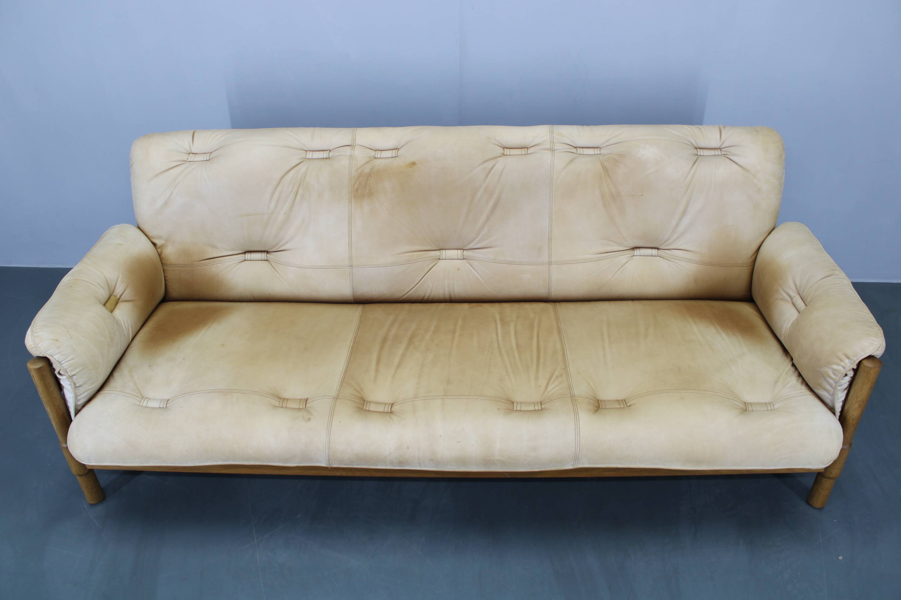 1960s Oak Scandinavian 3-Seater Sofa in Fine Leather Upholstery