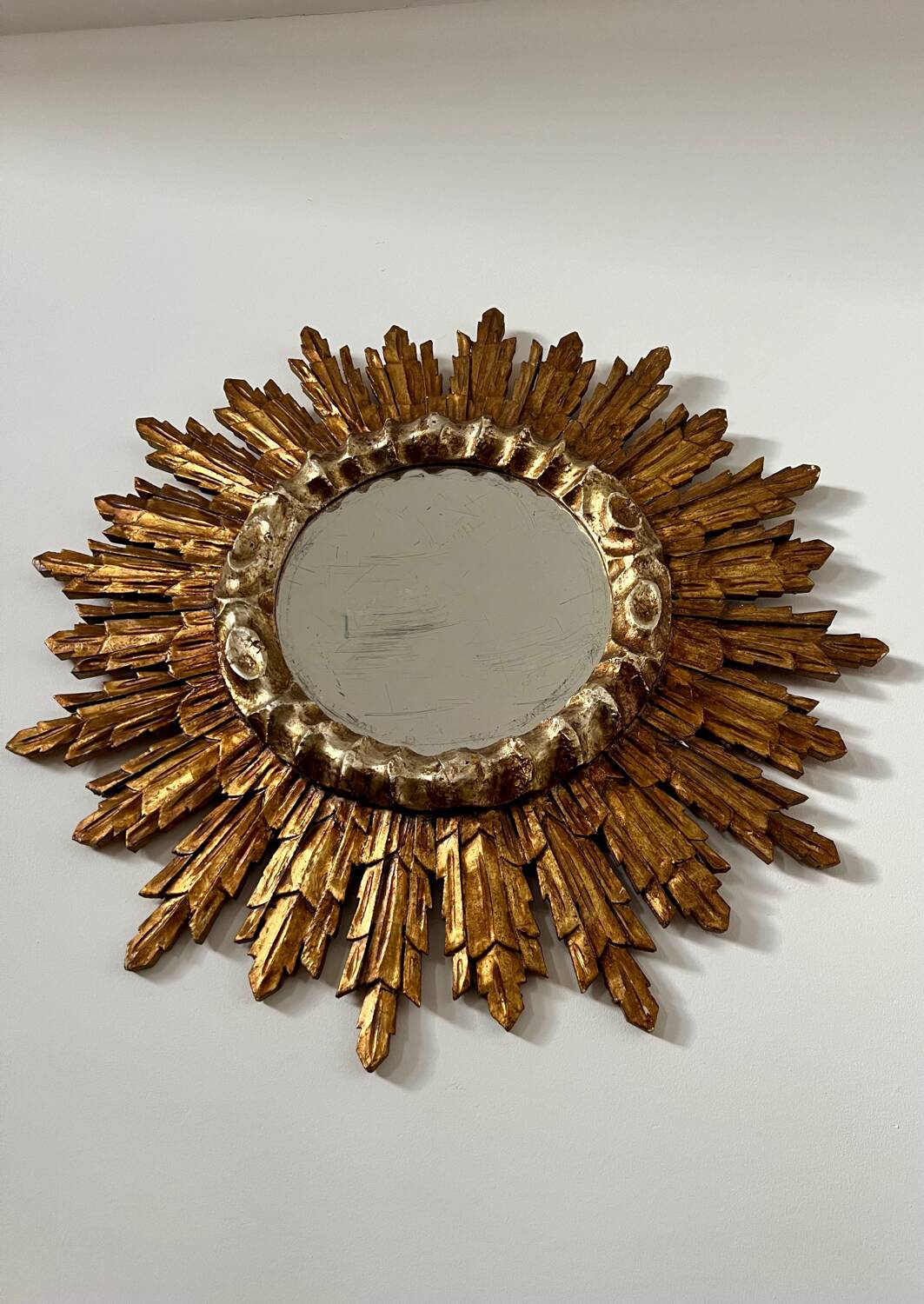 Old golden wooden sun mirror large size vintage 50s design