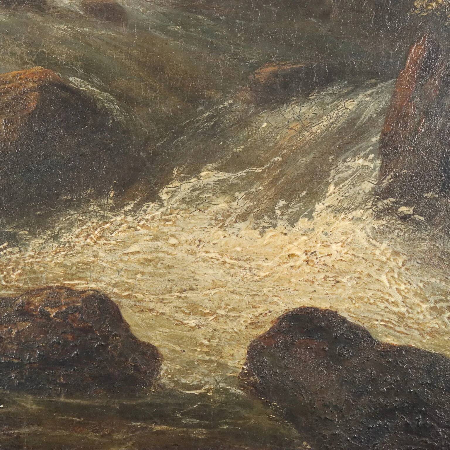 Old painting of a landscape with a river, oil on canvas, 19th century.