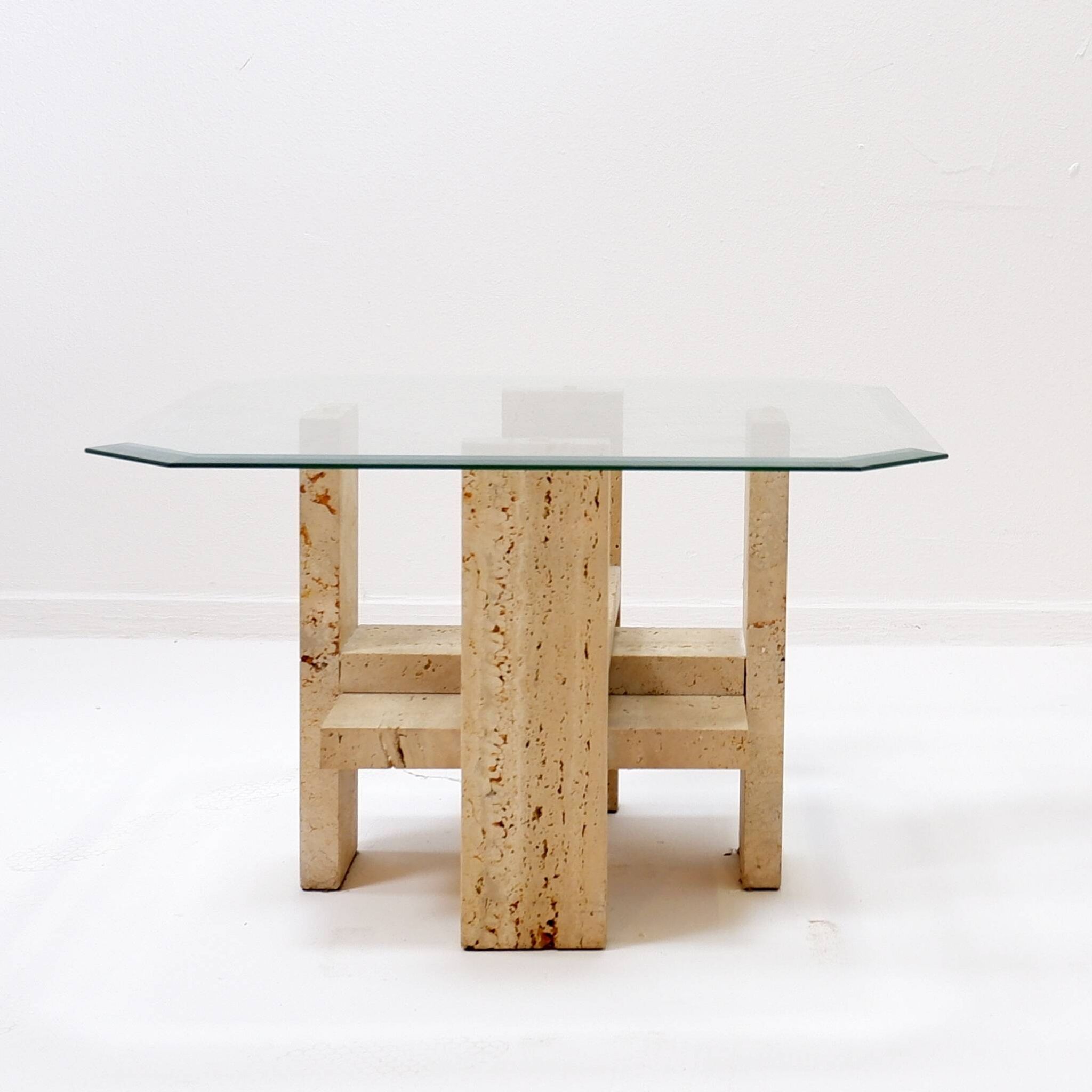 Pair of Travertine and Glass End Tables by Willy Ballez, Belgium 1970s