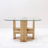 Pair of Travertine and Glass End Tables by Willy Ballez, Belgium 1970s