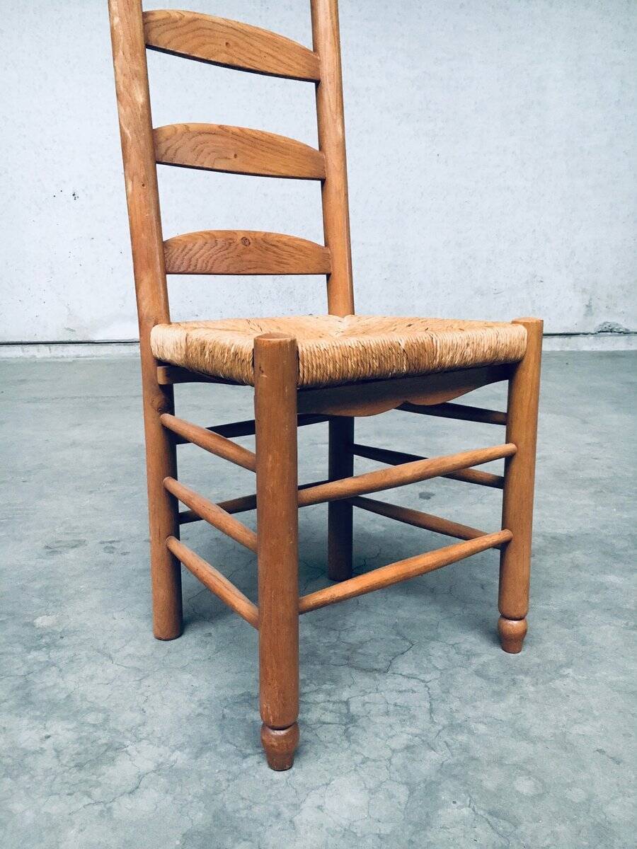 Rustic Oak and Rush High Ladder Back Dining Chairs, Belgium, 1950s, Set of 6