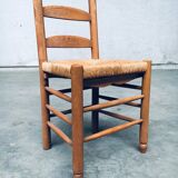Rustic Oak and Rush High Ladder Back Dining Chairs, Belgium, 1950s, Set of 6