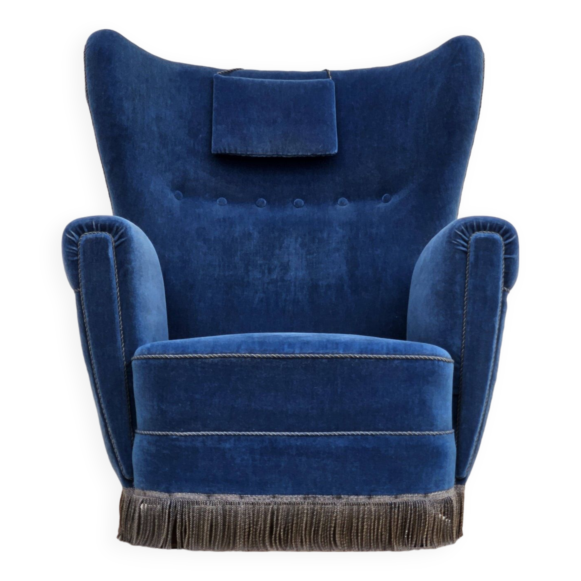 Années 1960, fauteuil relax danois à dossier haut, état d'origine, meuble en velours bleu.