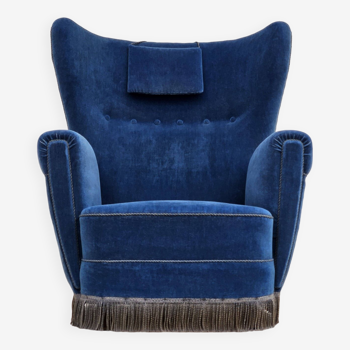 Années 1960, fauteuil relax danois à dossier haut, état d'origine, meuble en velours bleu.