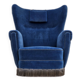 Années 1960, fauteuil relax danois à dossier haut, état d'origine, meuble en velours bleu.