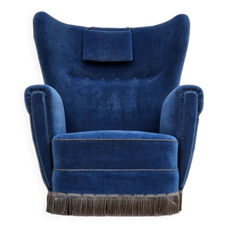 Années 1960, fauteuil relax danois à dossier haut, état d'origine, meuble en velours bleu.