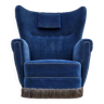 Années 1960, fauteuil relax danois à dossier haut, état d'origine, meuble en velours bleu.