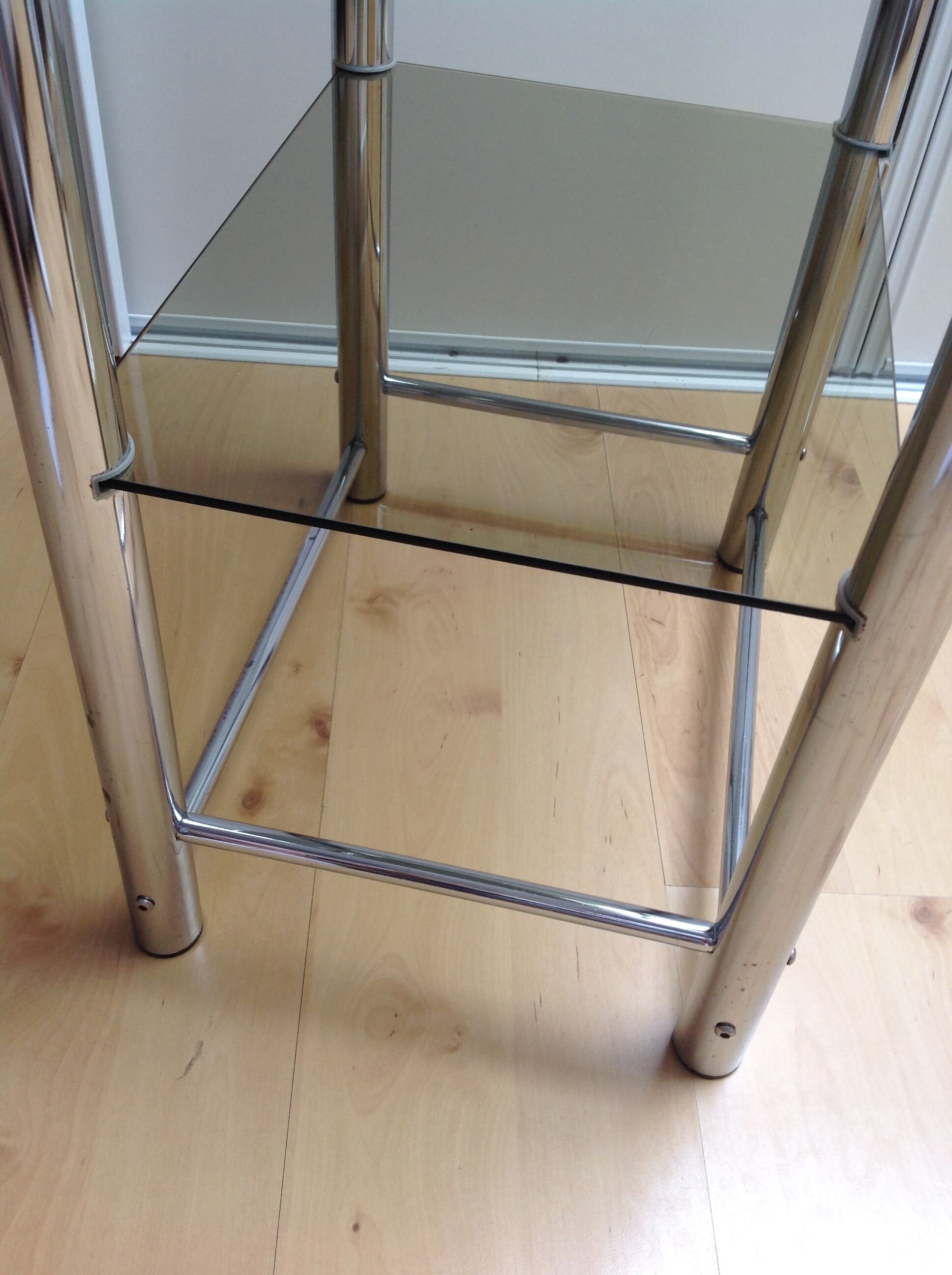 Two-tray console in smoked glass and chrome metal / vintage 70s-80s