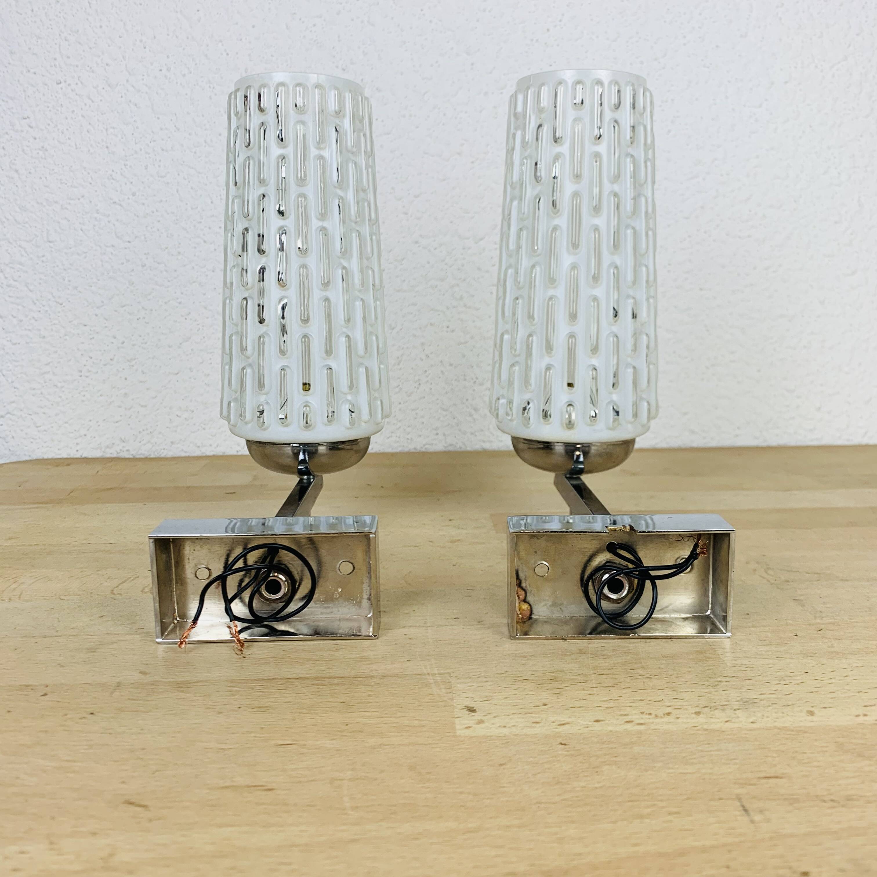 Pair of chrome metal wall lights and opaline tulips from the 70s