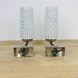 Pair of chrome metal wall lights and opaline tulips from the 70s