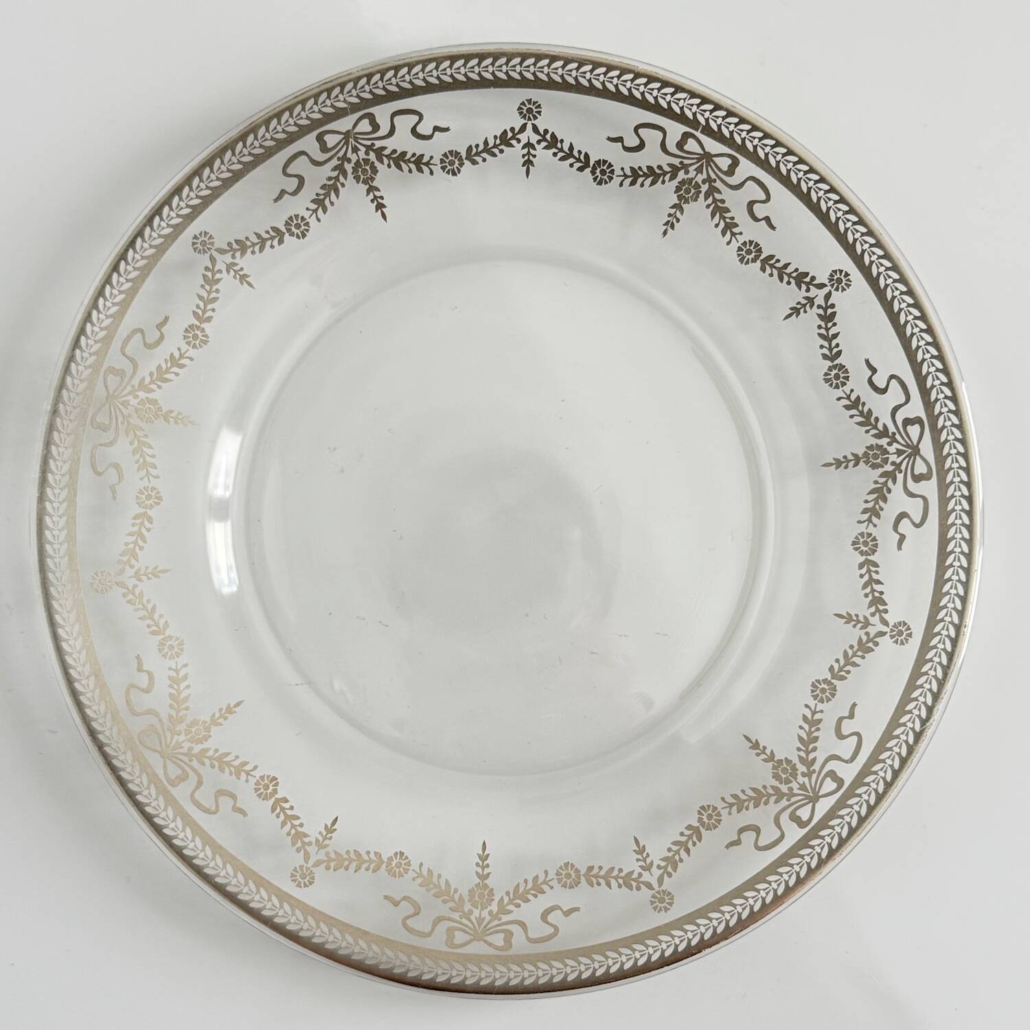Vintage Glass Dessert Plate with Silver Ribbons/Bows and Garlands