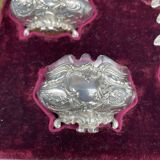 4 salerons, argent, Ravinet D'enfert, 4 pelles, intérieur verre blanc, écrin, intérieur pourpre, XIX