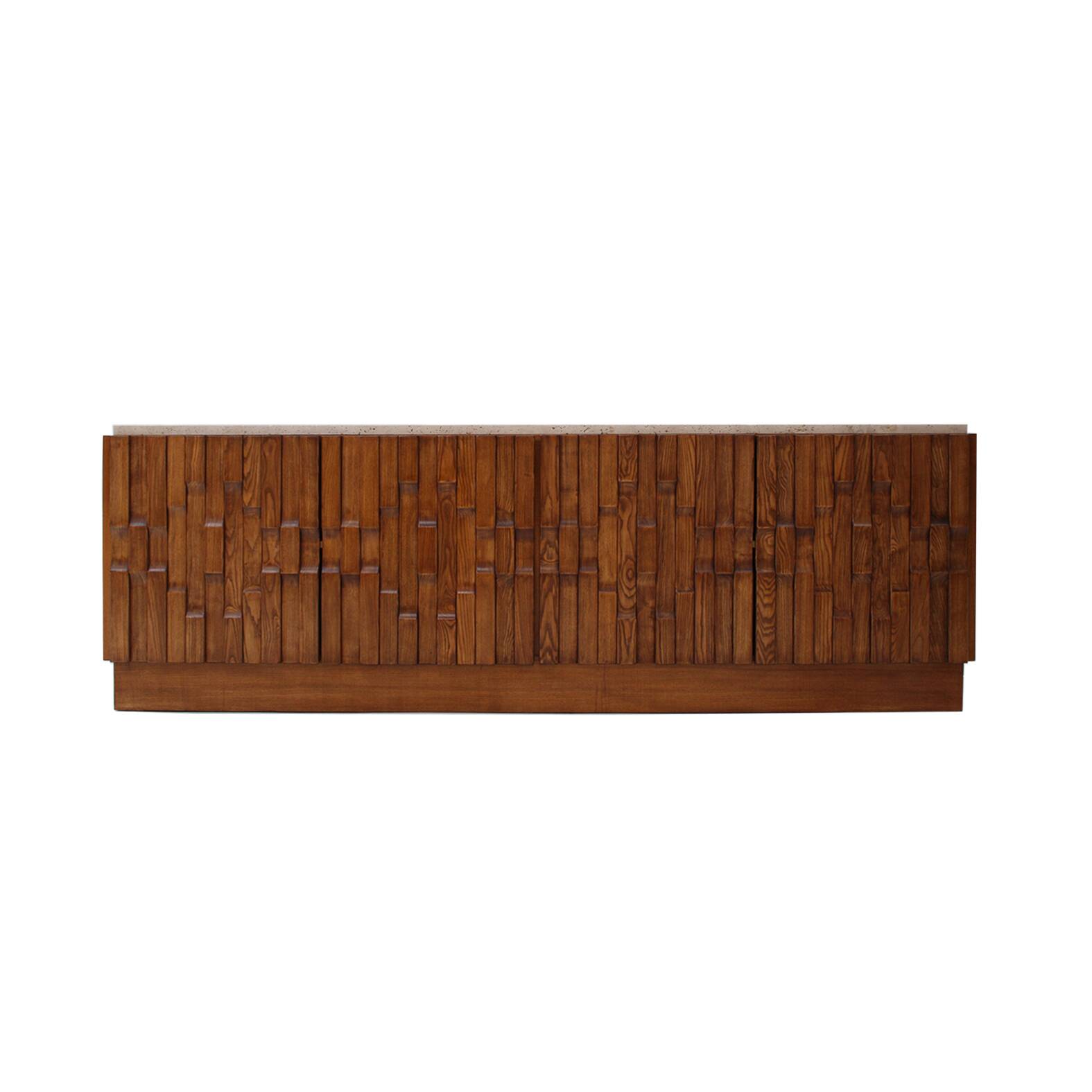 Italian Oak Wood Sideboard with Travertine Marble Top and Hand Carved Patte