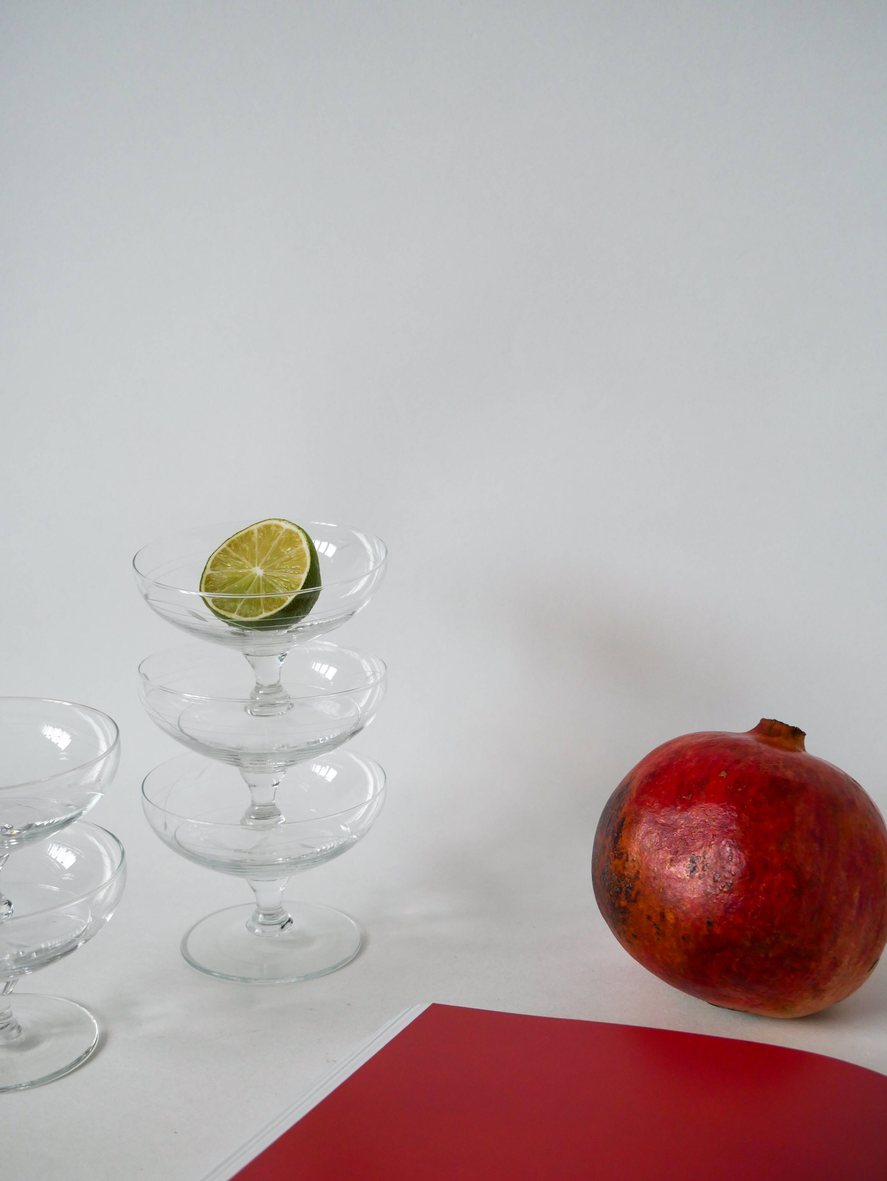 set of 5 engraved crystal champagne glasses 1950 9 x 6.5 cm