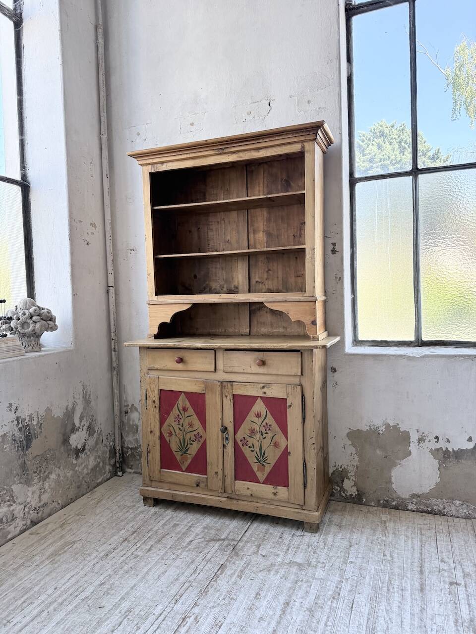 Antique grocery furniture, polychrome folk art, Savoie 1940.