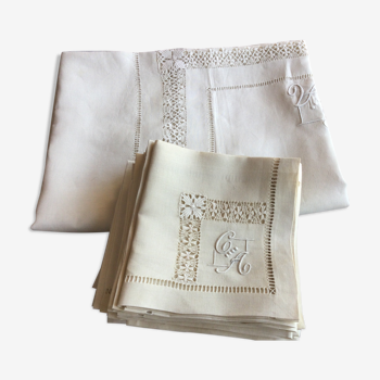 Old rectangular white-ecru tablecloth + its 12 matching towels