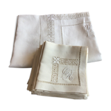Old rectangular white-ecru tablecloth + its 12 matching towels
