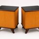 Set of vintage 1950s bedside tables | Wood and black glass tops | Mid-Centu