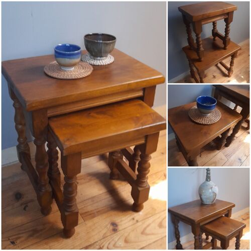 2 solid wood trundle tables, turned legs 80