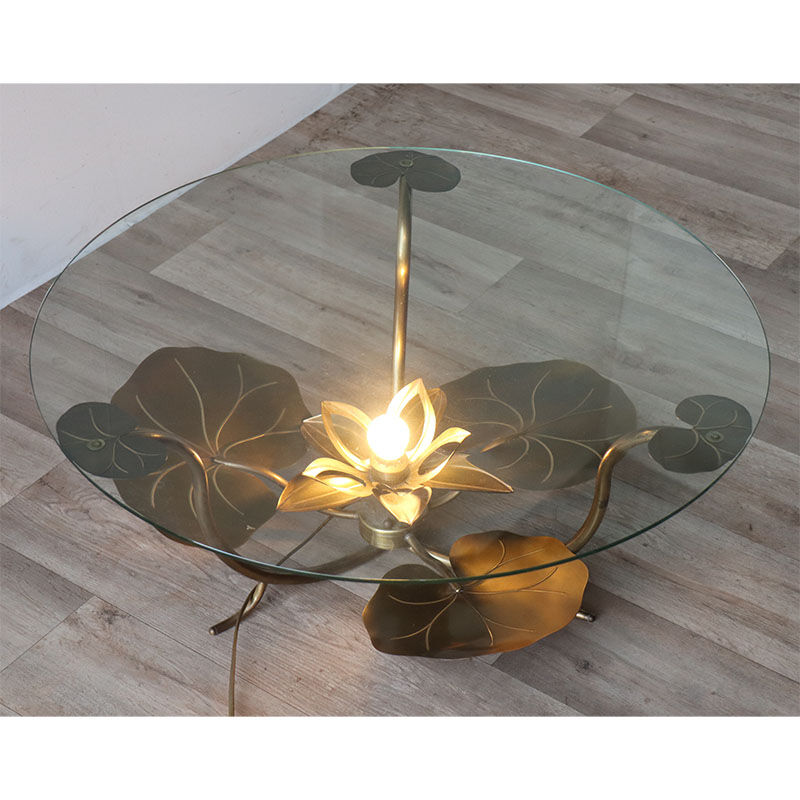Illuminated vintage coffee table decorated with brass water lilies 1970