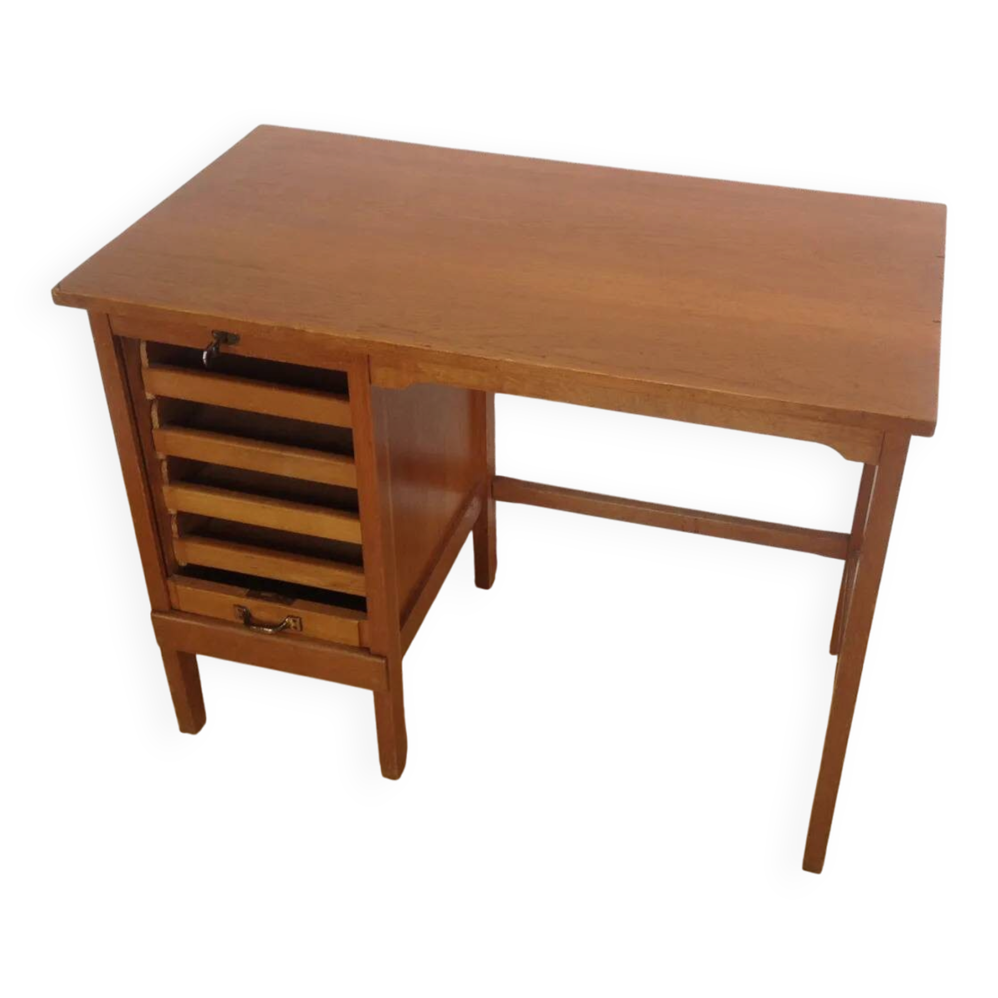 Vintage 1950s oak desk with sliding curtain.