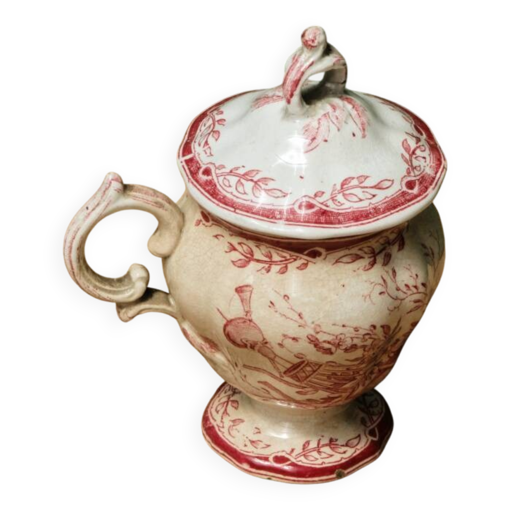 Sarreguemines earthenware mustard pot, Watteau model
