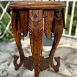 Small carved solid walnut side table with marble top