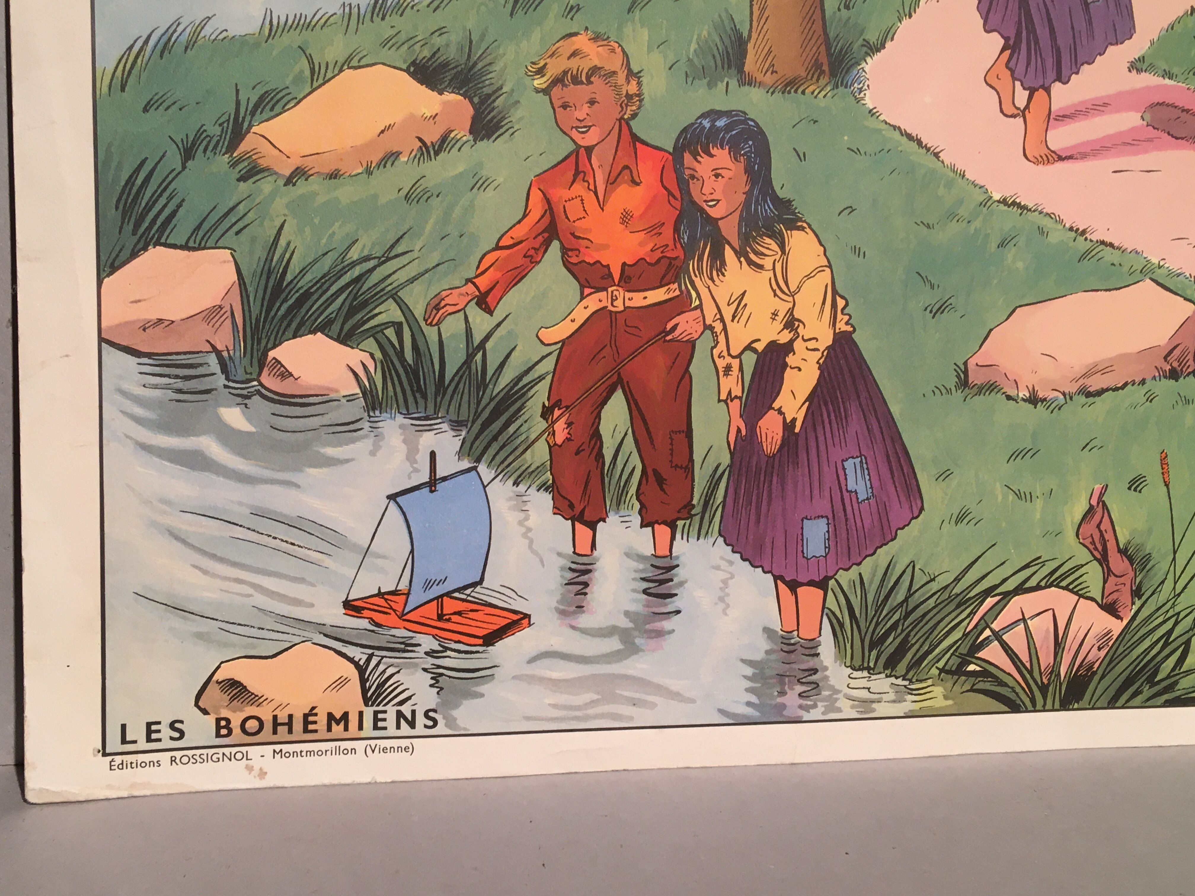 Affiche scolaire école vintage scène de vie recto « Les bohémiens" verso "Vacances au bord de la mer" pour Rossignol années 50