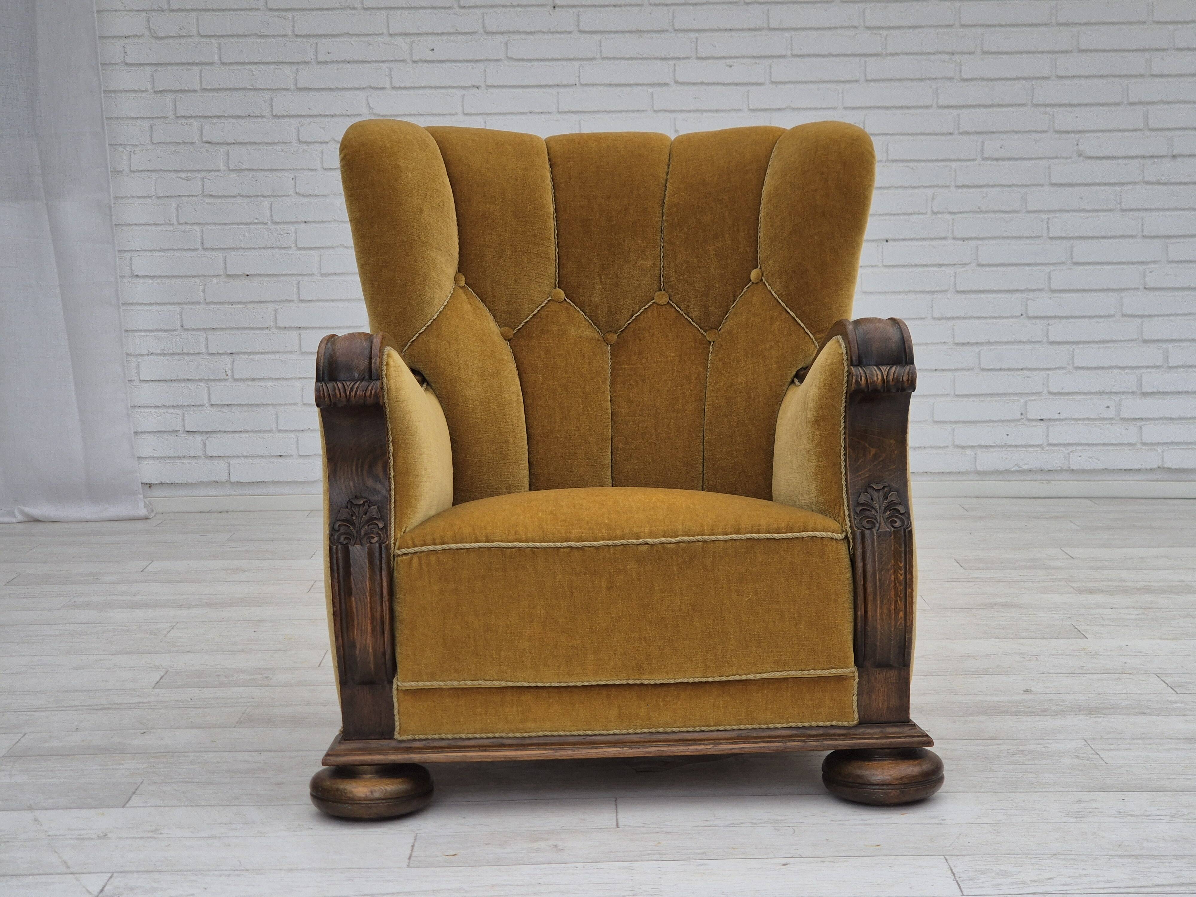 1960s, Danish relax armchair, yellow-honning furniture velour, oak wood.