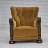 1960s, Danish relax armchair, yellow-honning furniture velour, oak wood.