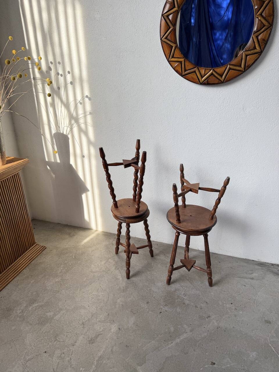 Set of 4 turned oak stools.