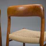 Danish Teak Mod. 77 Dining Chairs with Paper Cord by Niels O. Møller for JL Møllers, 1959, Set of