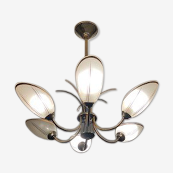 Brass chandelier and Art Nouveau style glass