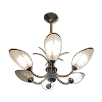 Brass chandelier and Art Nouveau style glass