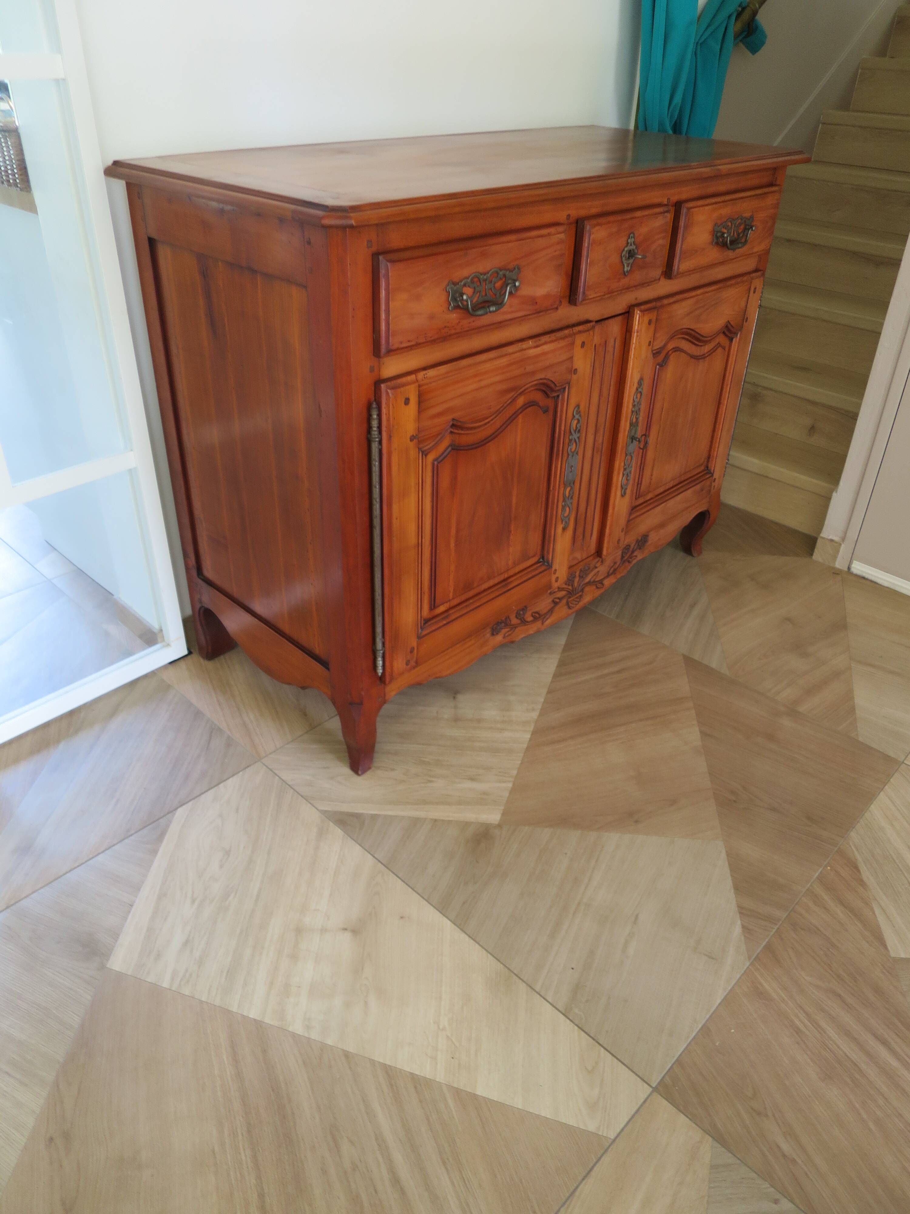 Rustic buffet in Louis XV-Regency style, dovetailed, cherry wood finish, solid wood.