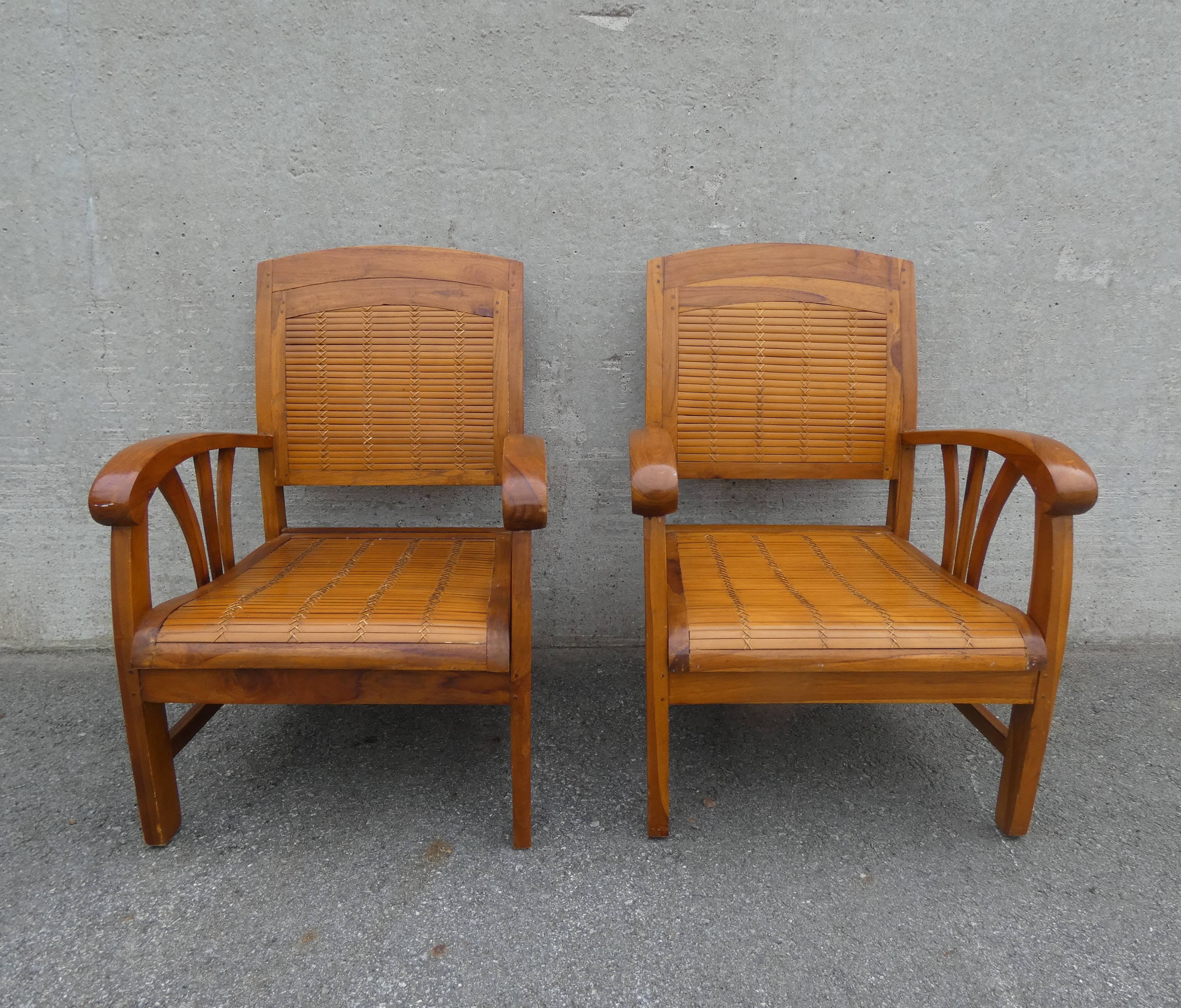 2 colonial bamboo and teak armchairs