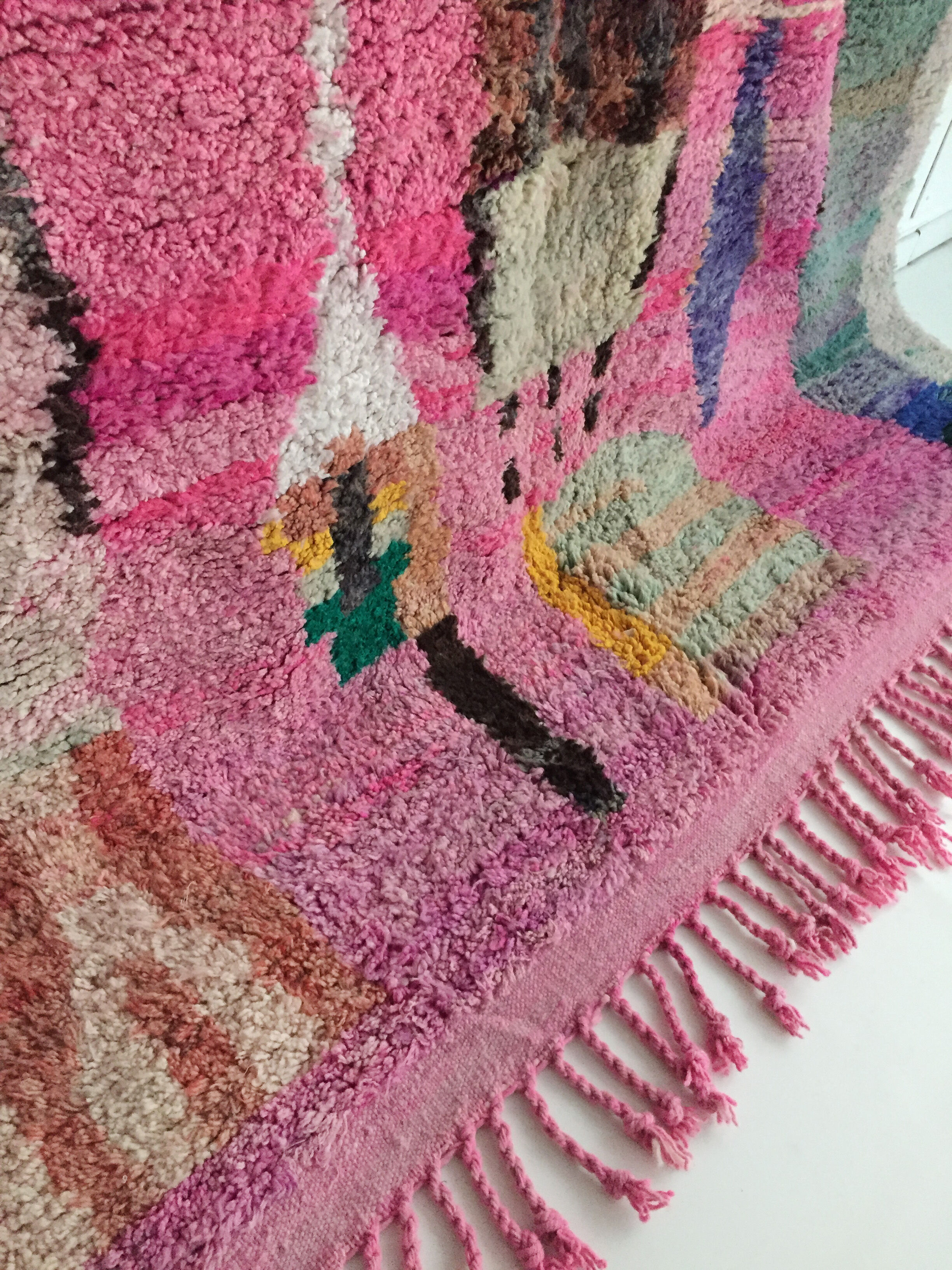 Moroccan Berber carpet Boujaad pink with colorful patterns 304x201cm