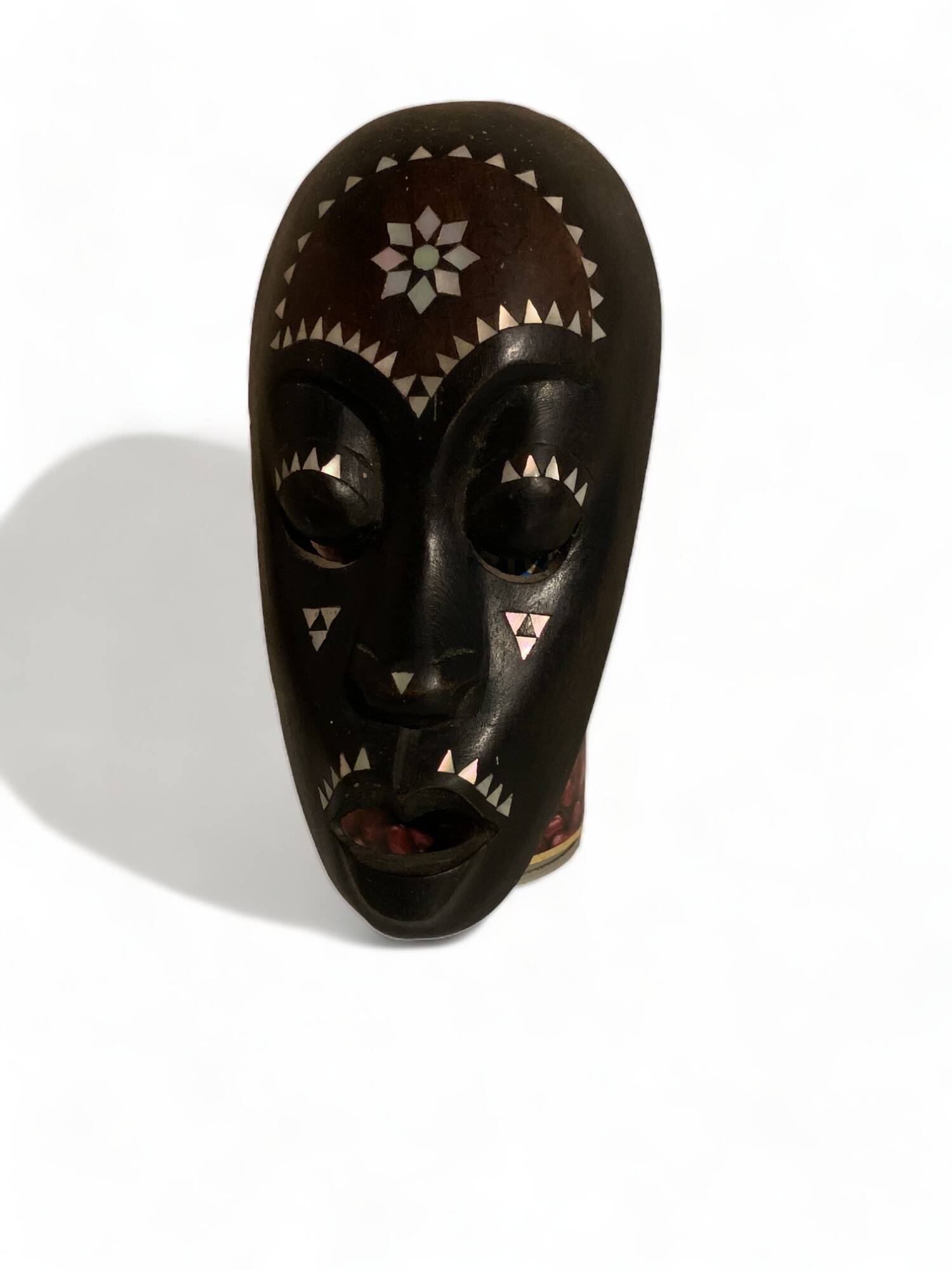 Africa mask in shell wood inlaid Ivory Coast Baoulé African art 1989 old vintage