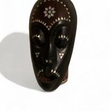 Africa mask in shell wood inlaid Ivory Coast Baoulé African art 1989 old vintage