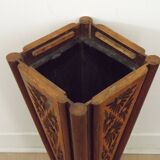 French antique oak tin-lined hand-carved umbrella stand with flower decoration.