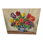 Tableau Huile sur Isorel - Bouquet Fleurs Tulipes & Lilas Signé J Baud