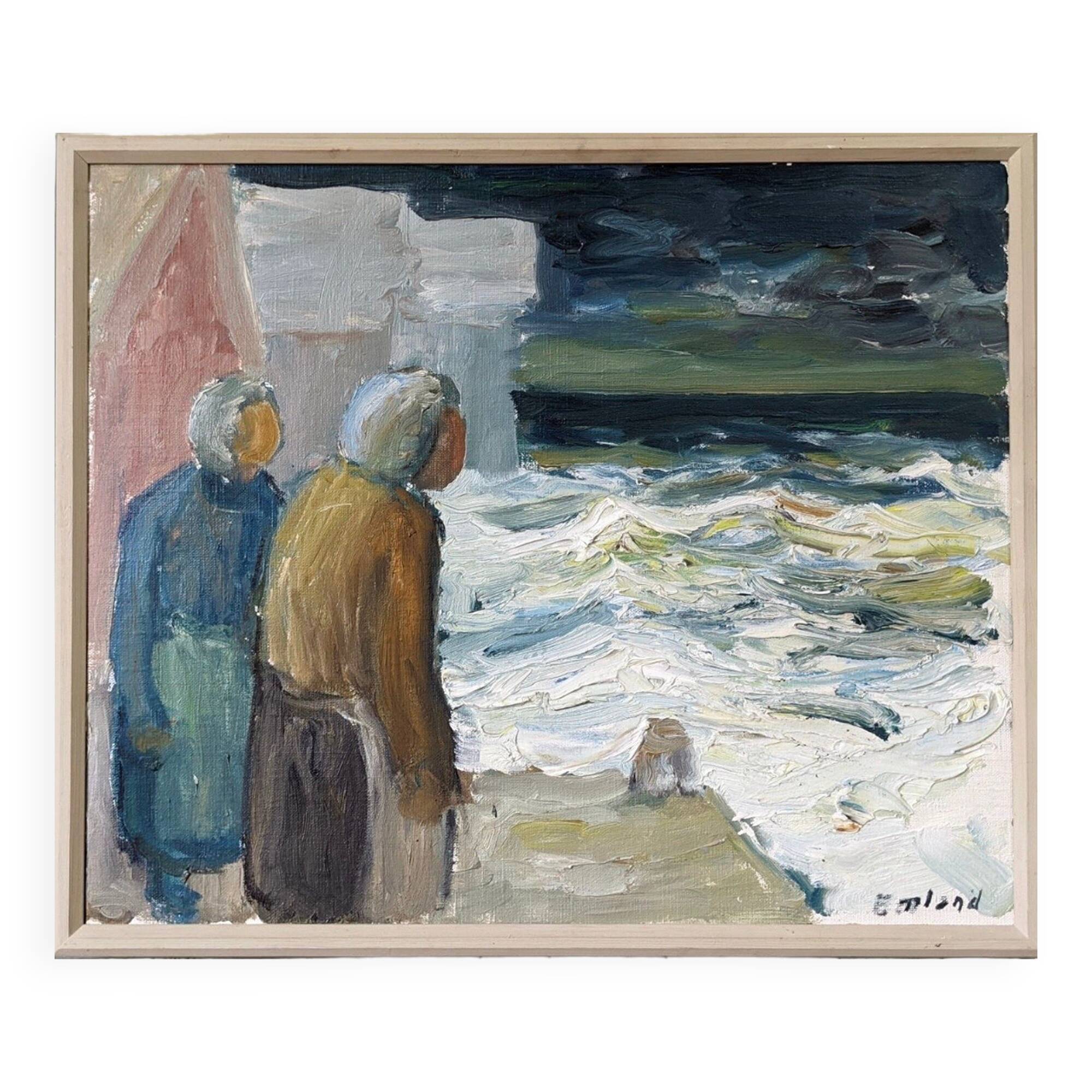Mid-Century Modern Swedish "Watching the Storm" Vintage Expressive Seascape Oil Painting, Framed