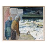 Mid-Century Modern Swedish "Watching the Storm" Vintage Expressive Seascape Oil Painting, Framed
