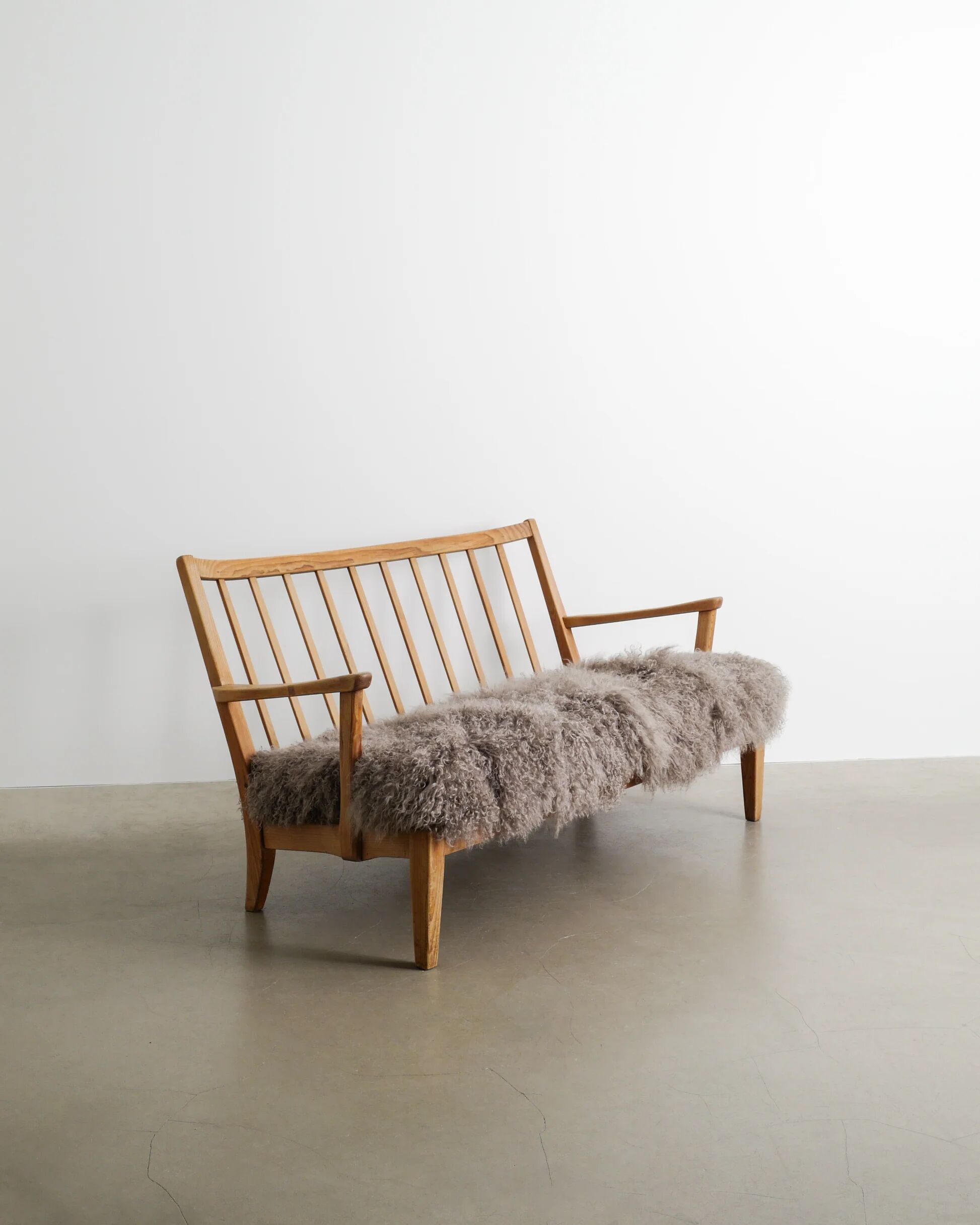 Early Swedish Modern Wooden Pine Sheepskin Sofa by Carl Malmsten, 1940s