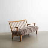 Early Swedish Modern Wooden Pine Sheepskin Sofa by Carl Malmsten, 1940s