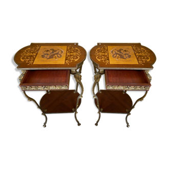 Pair of gueridon in wood marquetry and bronze 1900
